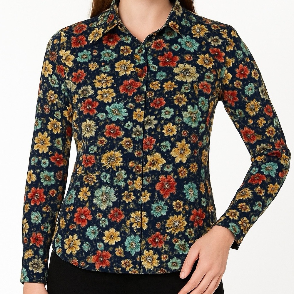 Vintage 70s navy floral button-up blouse, sheer